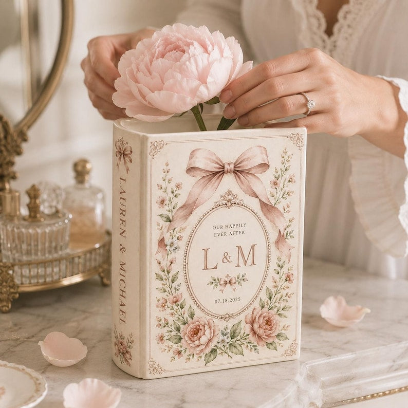 Custom Toile De Jouy Ceramic Book Vase, Personalised Wedding Gift for Couple, Floral Book Shaped Vase