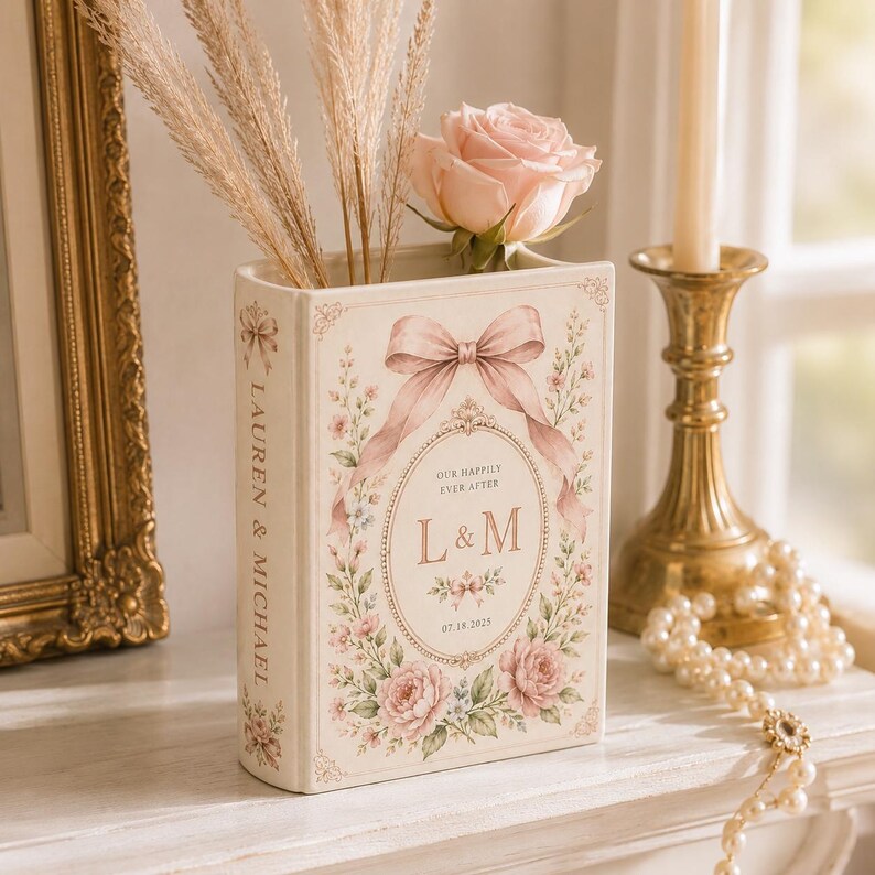 Custom Toile De Jouy Ceramic Book Vase, Personalised Wedding Gift for Couple, Floral Book Shaped Vase