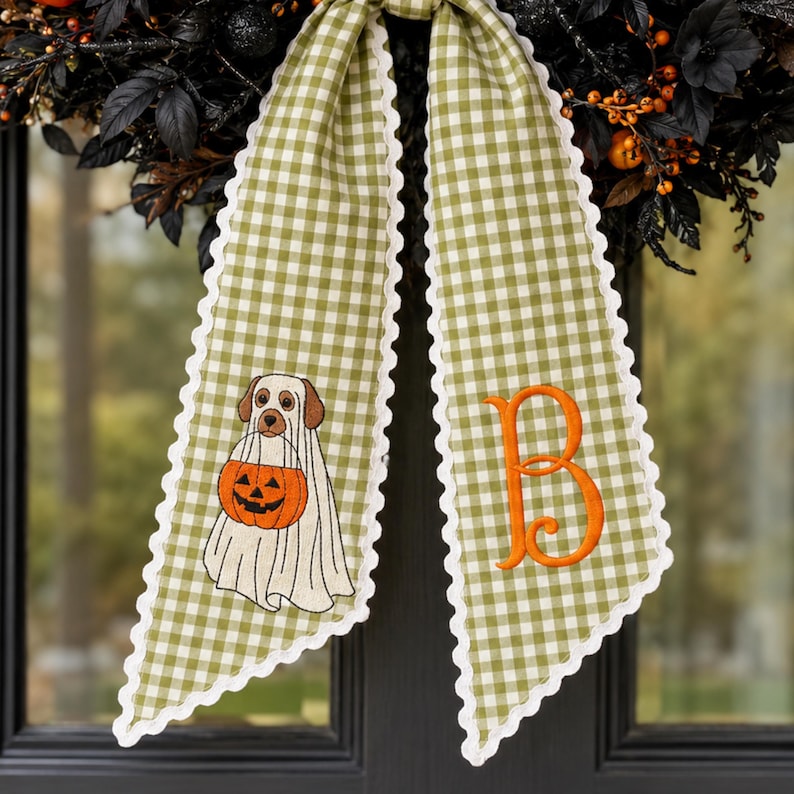 Personalized Halloween Ghost Dog Wreath Sash, Monogram Pumpkin Door Bow, Green Gingham Fall Front Door Decor