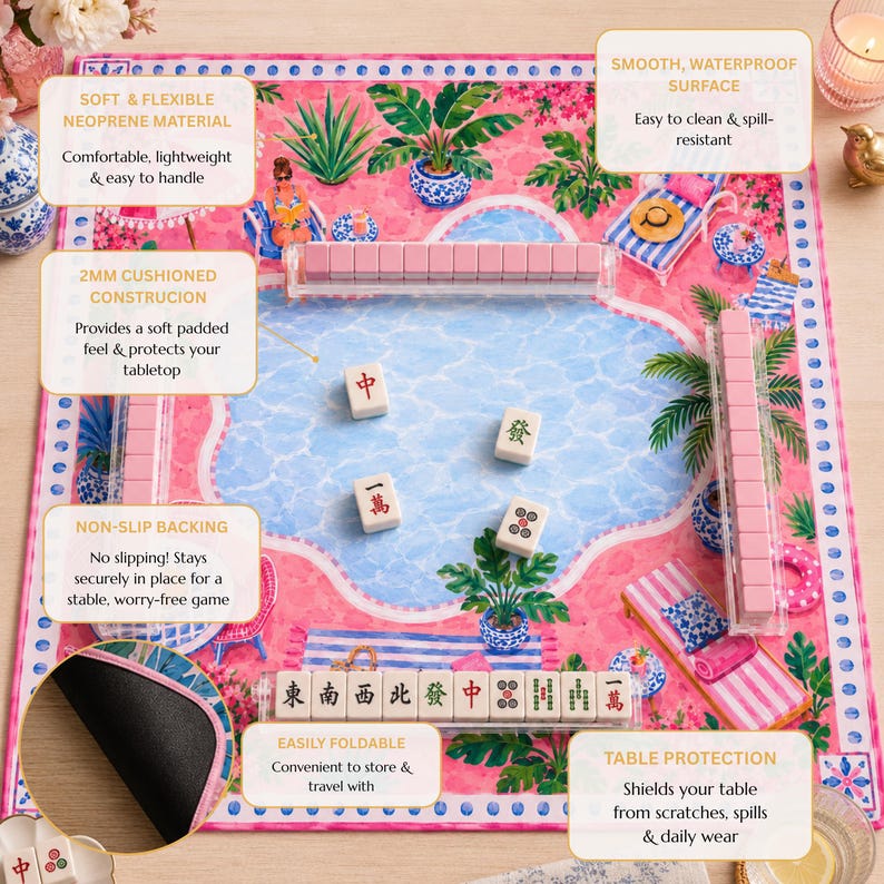 Palm Beach Poolside Mahjong Mat, American Mahjong Mat, Pink Resort Cabana Garden, Tropical Chinoiserie Mahjong Gift