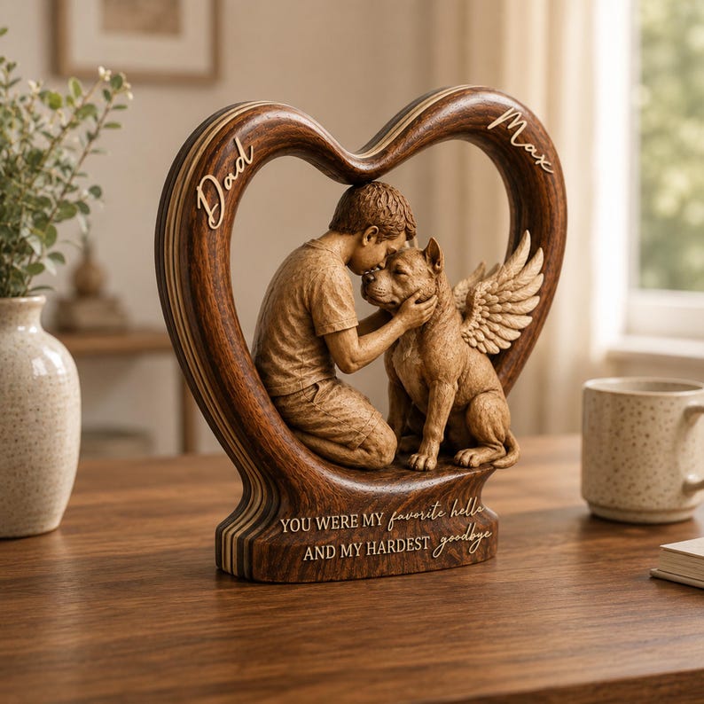 Personalized Pet Memorial Wooden Heart Block, Custom Pet Loss Gift, Angel Wings Pet Keepsake
