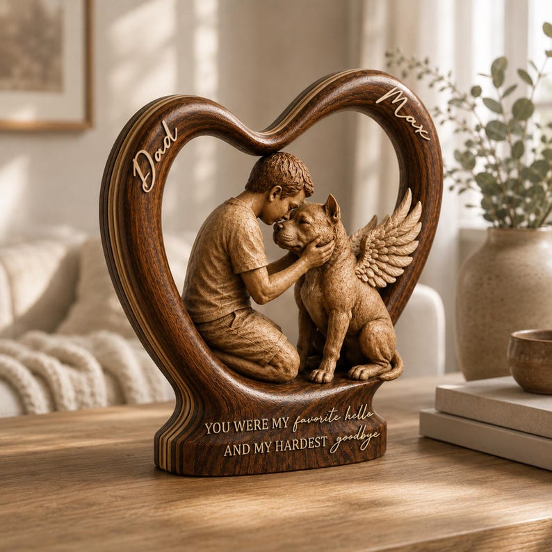Personalized Pet Memorial Wooden Heart Block, Custom Pet Loss Gift, Angel Wings Pet Keepsake