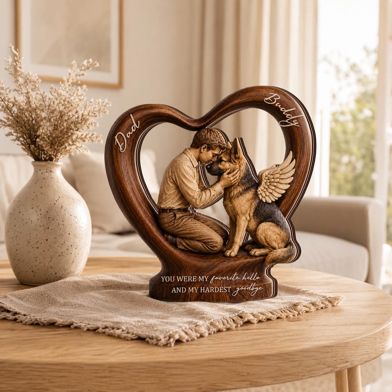 Personalized Pet Memorial Wooden Heart Block, Custom Pet Loss Gift, Angel Wings Pet Keepsake
