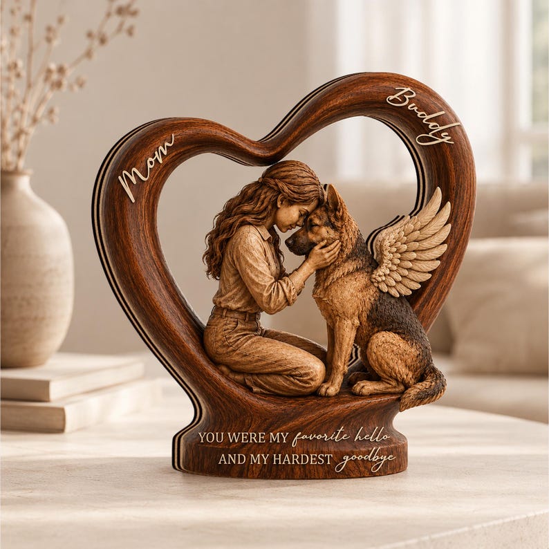 Personalized Pet Memorial Wooden Heart Block, Custom Pet Loss Gift, Angel Wings Pet Keepsake