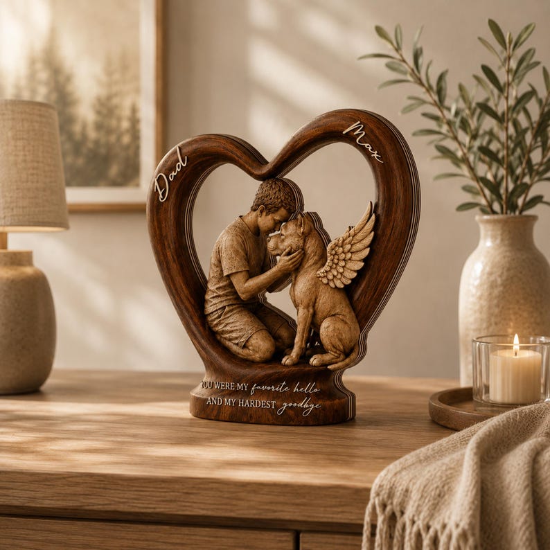 Personalized Pet Memorial Wooden Heart Block, Custom Pet Loss Gift, Angel Wings Pet Keepsake