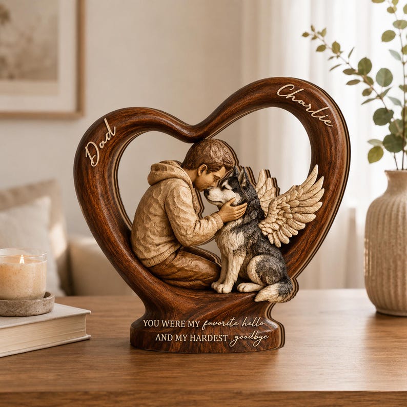 Personalized Pet Memorial Wooden Heart Block, Custom Pet Loss Gift, Angel Wings Pet Keepsake