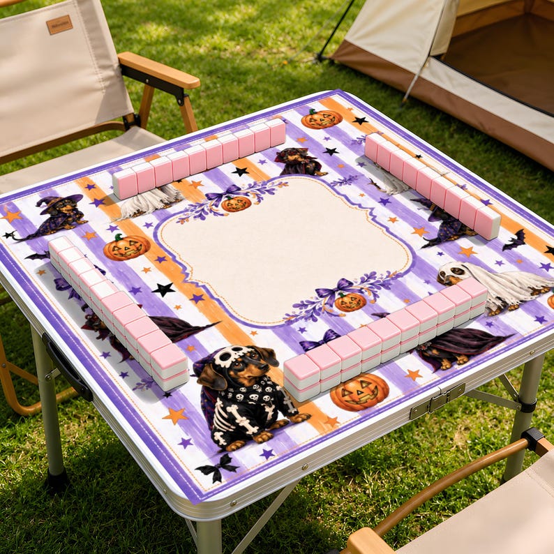 Spooky Dachshund, Halloween Mahjong Mat, Game Table Protector, Unique Mah Jongg Playing Surface, Pumpkins, Dog Lover Gift