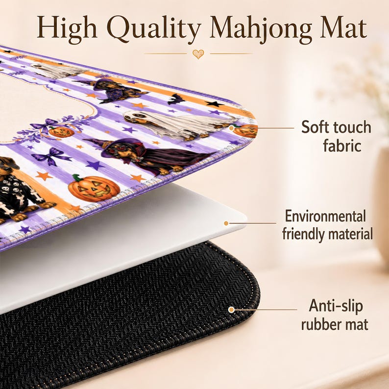 Spooky Dachshund, Halloween Mahjong Mat, Game Table Protector, Unique Mah Jongg Playing Surface, Pumpkins, Dog Lover Gift