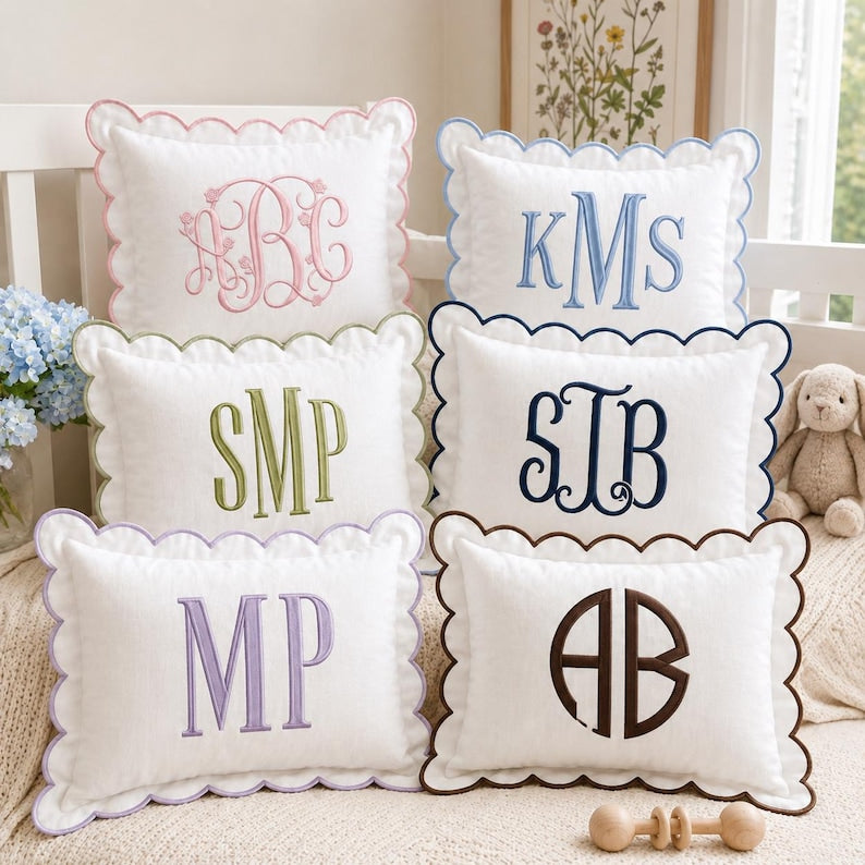 Personalized Monogram Pillow Cover, Custom Embroidered Scallop Pillow, Initial Cushion for Nursery Decor