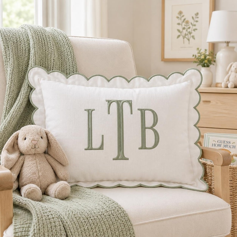 Personalized Monogram Pillow Cover, Custom Embroidered Scallop Pillow, Initial Cushion for Nursery Decor