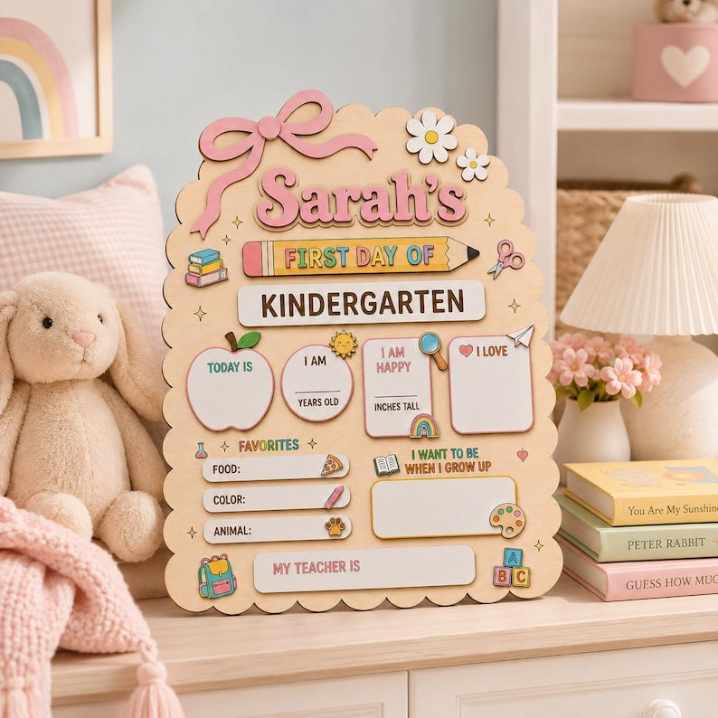 Personalized First Day of School Sign, Custom Kindergarten Milestone Board