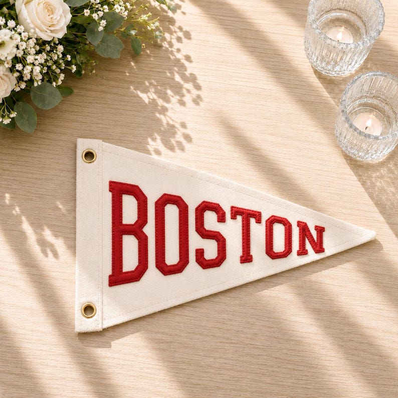 Custom Embroidered Pennant Flag, Personalized City Banner, Wall Decor, Handmade Fabric Pennant