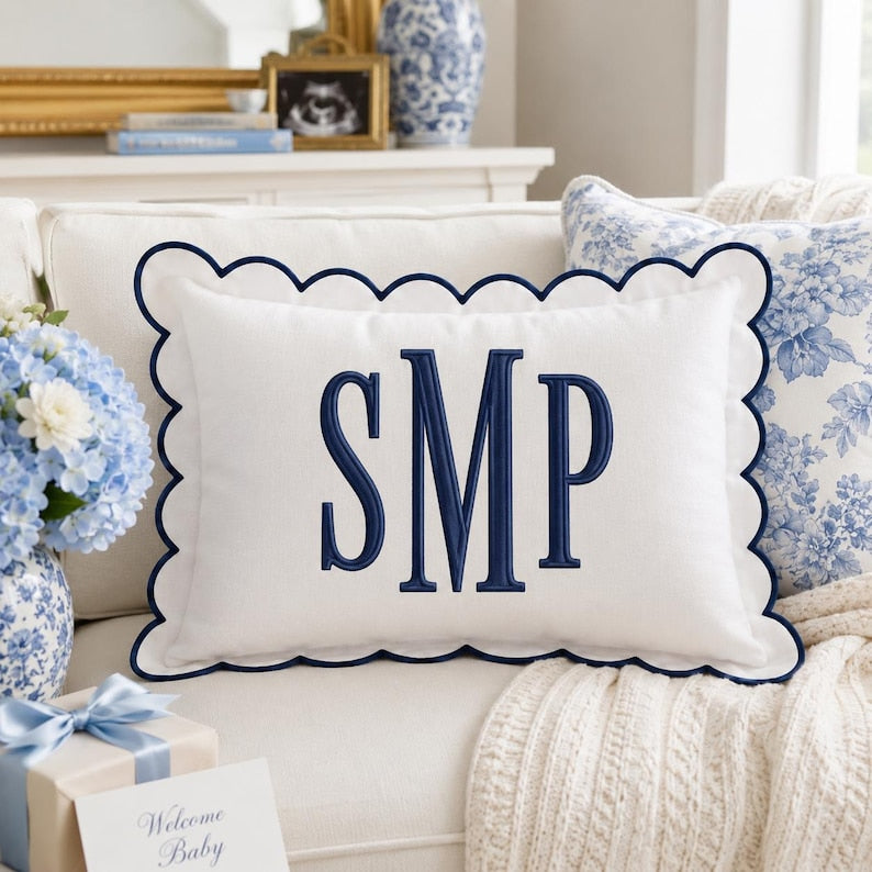 Personalized Monogram Pillow Cover, Custom Embroidered Scallop Pillow, Initial Cushion for Nursery Decor