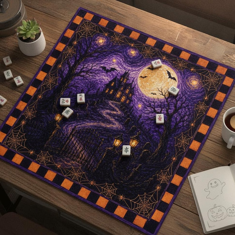 Spooky Halloween Game Mat For Tabletop, Gothic Castle Haunted House Art, Moonlit Cemetery Mahjong Mat