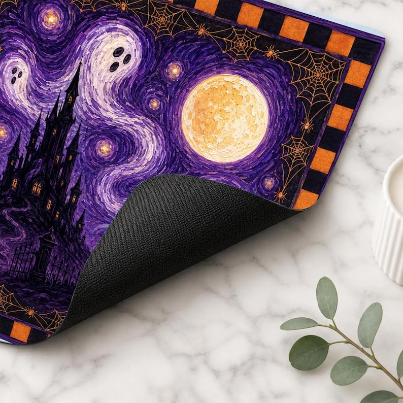 Spooky Halloween Game Mat For Tabletop, Gothic Castle Haunted House Art, Moonlit Cemetery Mahjong Mat