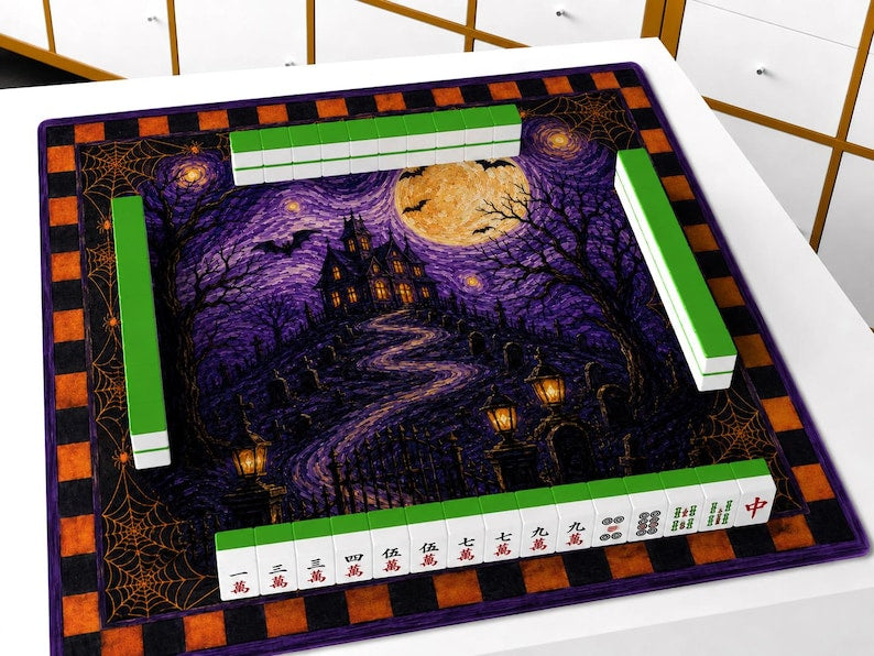 Spooky Halloween Game Mat For Tabletop, Gothic Castle Haunted House Art, Moonlit Cemetery Mahjong Mat