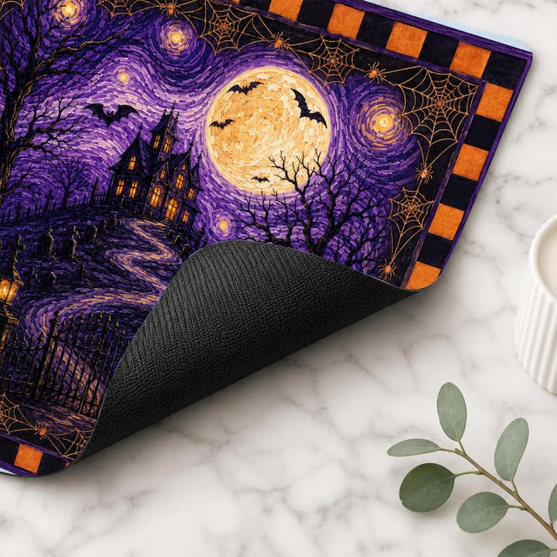 Spooky Halloween Game Mat For Tabletop, Gothic Castle Haunted House Art, Moonlit Cemetery Mahjong Mat