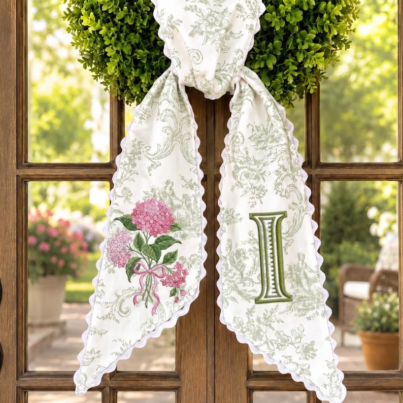 Personalized Floral Pink Hydrangea Sash, Green Toile Monogram Door Decor, Elegant Spring Ribbon