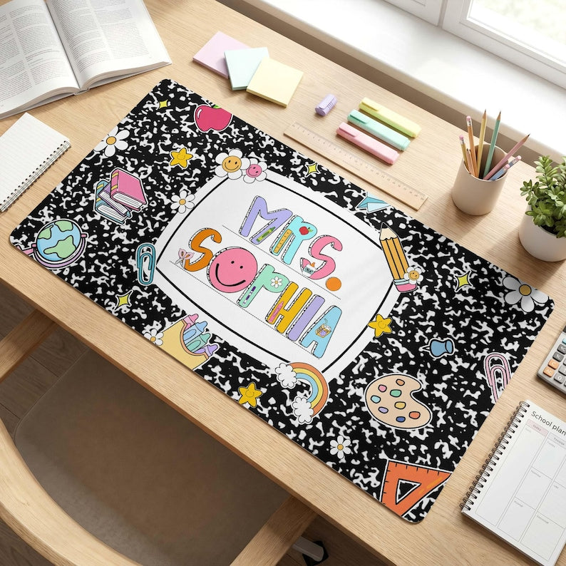 Personalized Teacher Desk Mat, Custom Teacher Book Mouse Pad With Name