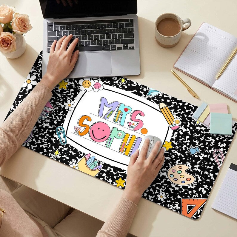 Personalized Teacher Desk Mat, Custom Teacher Book Mouse Pad With Name