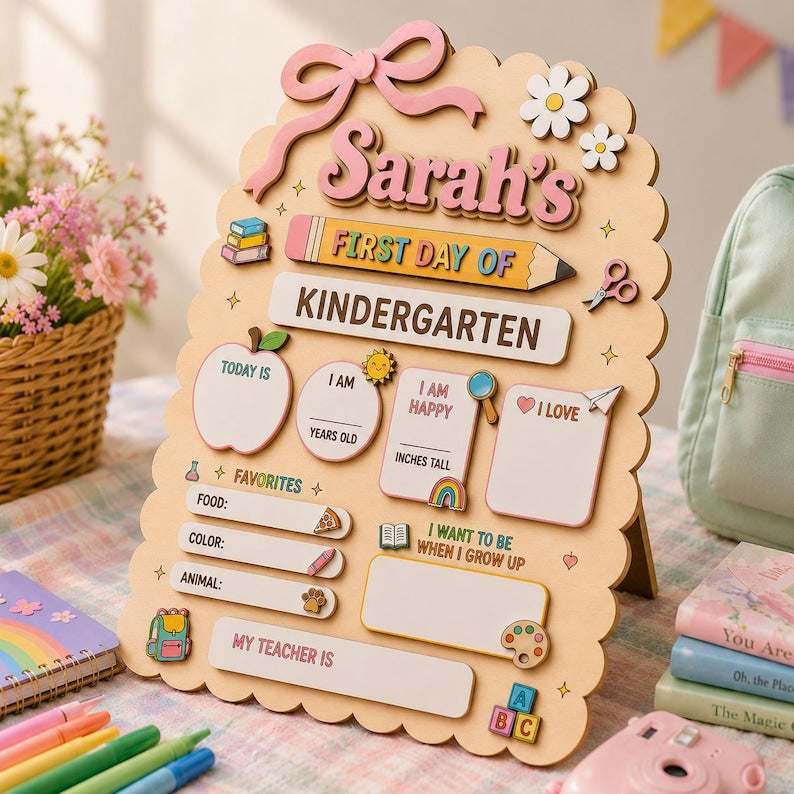Personalized First Day of School Sign, Custom Kindergarten Milestone Board