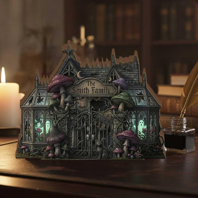 Personalized Halloween Haunted House 2D Flat Wooden Block, Spooky Gothic Home Decor