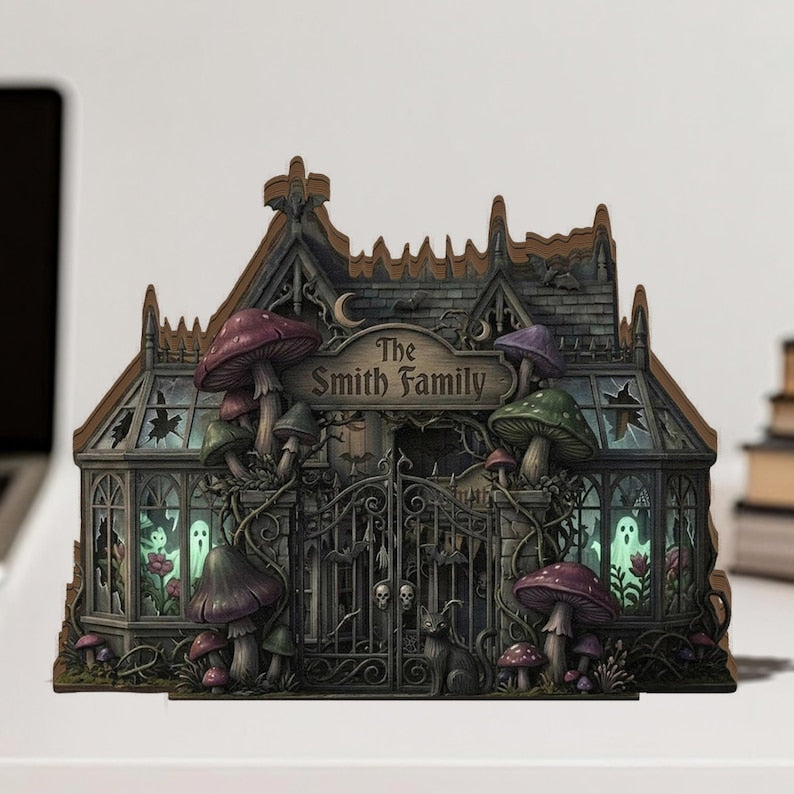 Personalized Halloween Haunted House 2D Flat Wooden Block, Spooky Gothic Home Decor