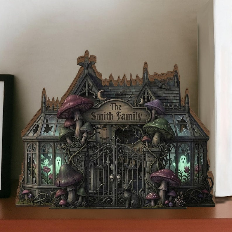 Personalized Halloween Haunted House 2D Flat Wooden Block, Spooky Gothic Home Decor