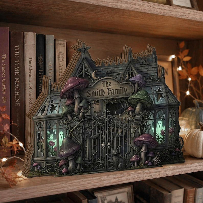 Personalized Halloween Haunted House 2D Flat Wooden Block, Spooky Gothic Home Decor
