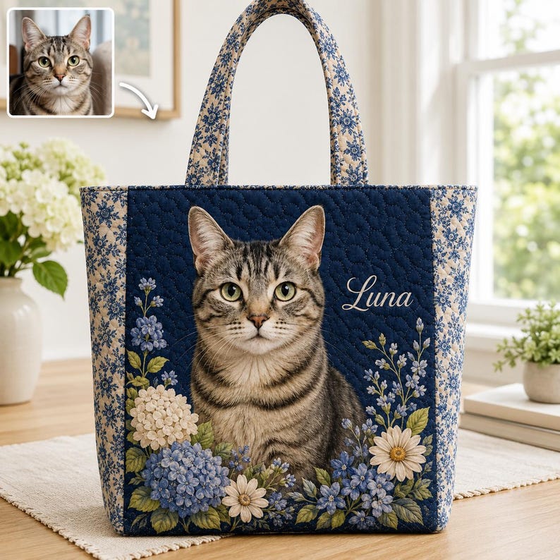 Custom Cat Photo Quilted Tote Bag, Personalized Pet Portrait Tote, Floral Cat Shoulder Bag, Cat Mom Gift