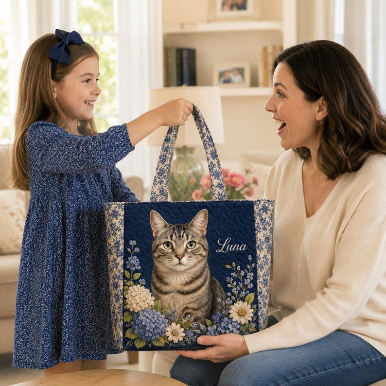 Custom Cat Photo Quilted Tote Bag, Personalized Pet Portrait Tote, Floral Cat Shoulder Bag, Cat Mom Gift