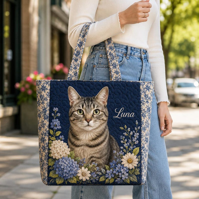 Custom Cat Photo Quilted Tote Bag, Personalized Pet Portrait Tote, Floral Cat Shoulder Bag, Cat Mom Gift