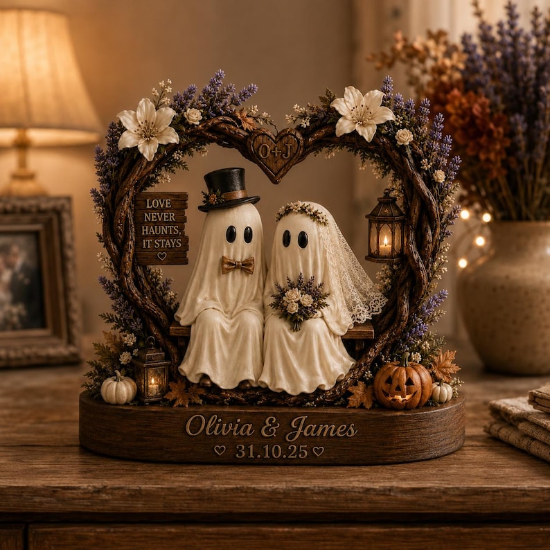 Personalized Ghost Couple Wooden Block, Custom Bride and Groom Halloween Decor
