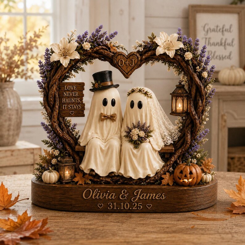 Personalized Ghost Couple Wooden Block, Custom Bride and Groom Halloween Decor