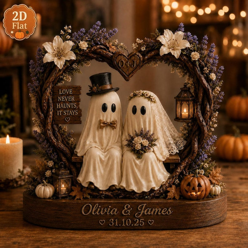 Personalized Ghost Couple Wooden Block, Custom Bride and Groom Halloween Decor
