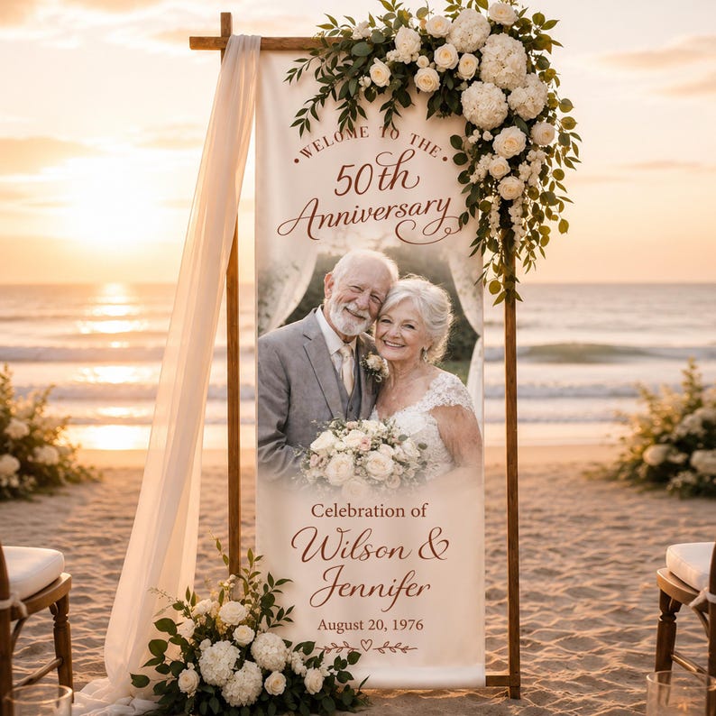 Personalized Photo Anniversary Welcome Sign, Custom 50th Anniversary Banner, Fabric Welcome Sign