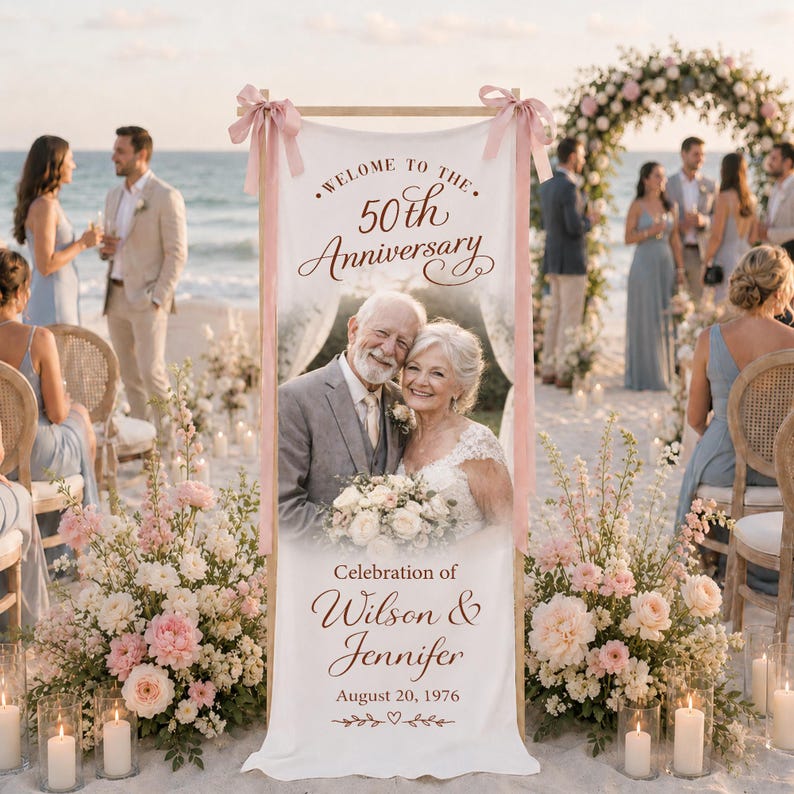 Personalized Photo Anniversary Welcome Sign, Custom 50th Anniversary Banner, Fabric Welcome Sign