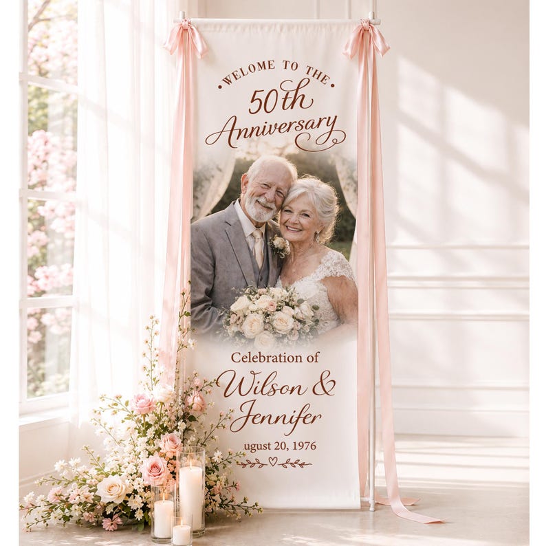 Personalized Photo Anniversary Welcome Sign, Custom 50th Anniversary Banner, Fabric Welcome Sign