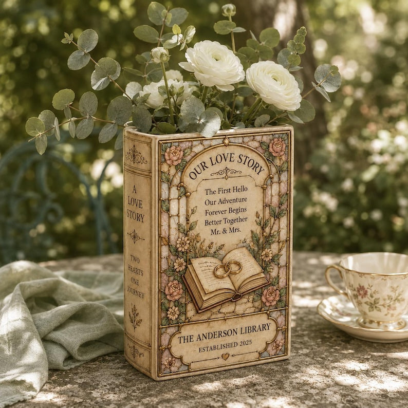 Custom Stained Glass Style Ceramic Book Vase, Custom Wedding Gift for Couple