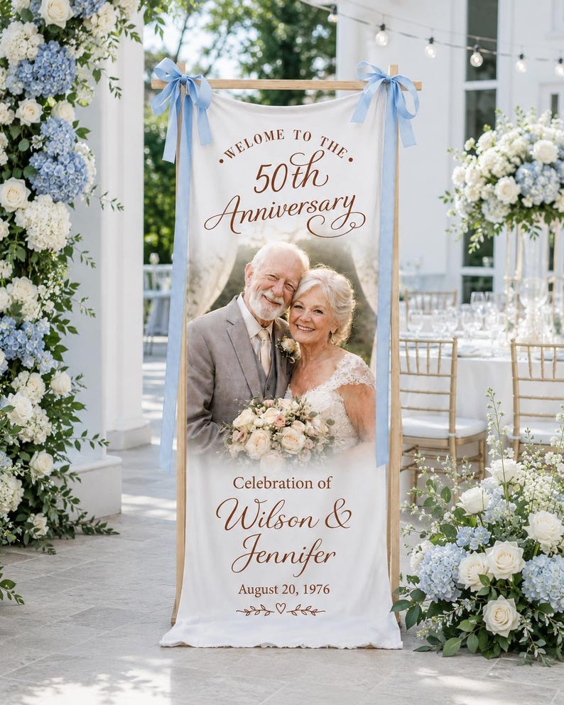 Personalized Photo Anniversary Welcome Sign, Custom 50th Anniversary Banner, Fabric Welcome Sign