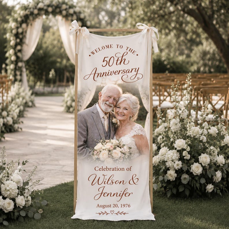 Personalized Photo Anniversary Welcome Sign, Custom 50th Anniversary Banner, Fabric Welcome Sign