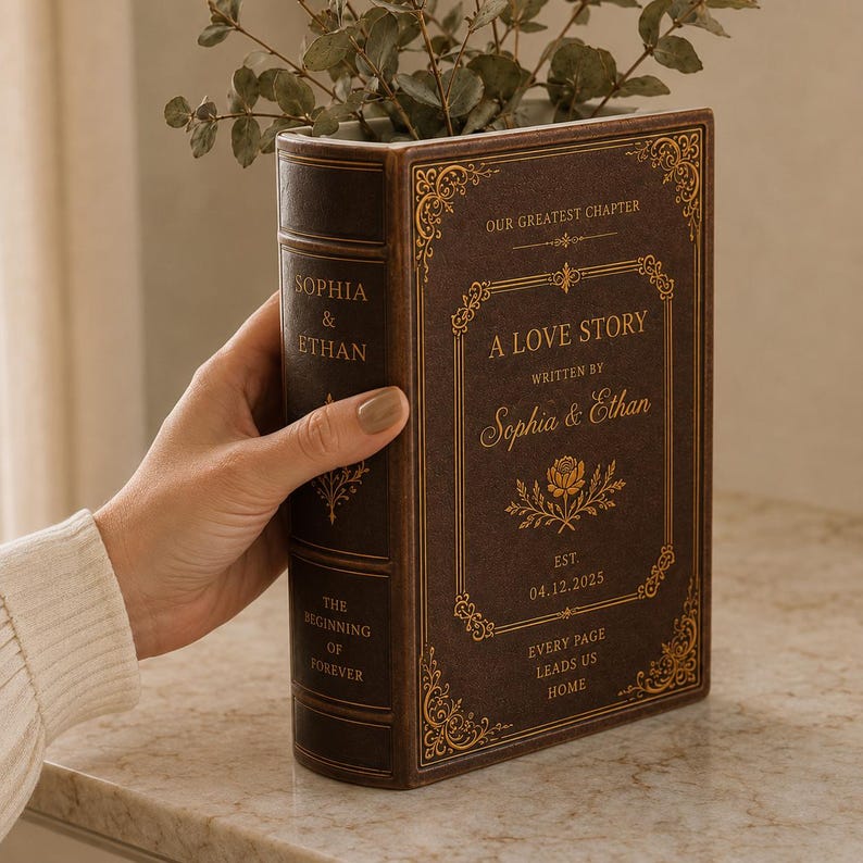 Personalized Vintage Ceramic Book Vase, Personalised Wedding Gift for Couple