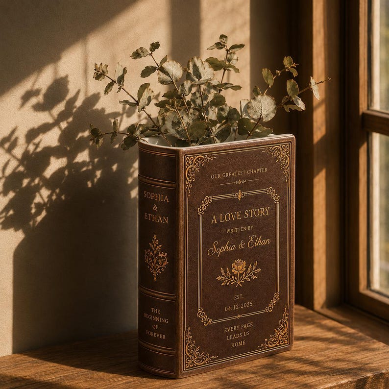Personalized Vintage Ceramic Book Vase, Personalised Wedding Gift for Couple