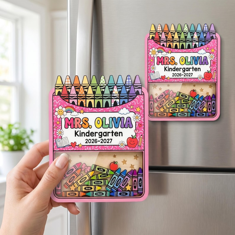 Personalized Teacher Crayon Shaker Magnet: Custom Kindergarten Teacher Gift With Student Names