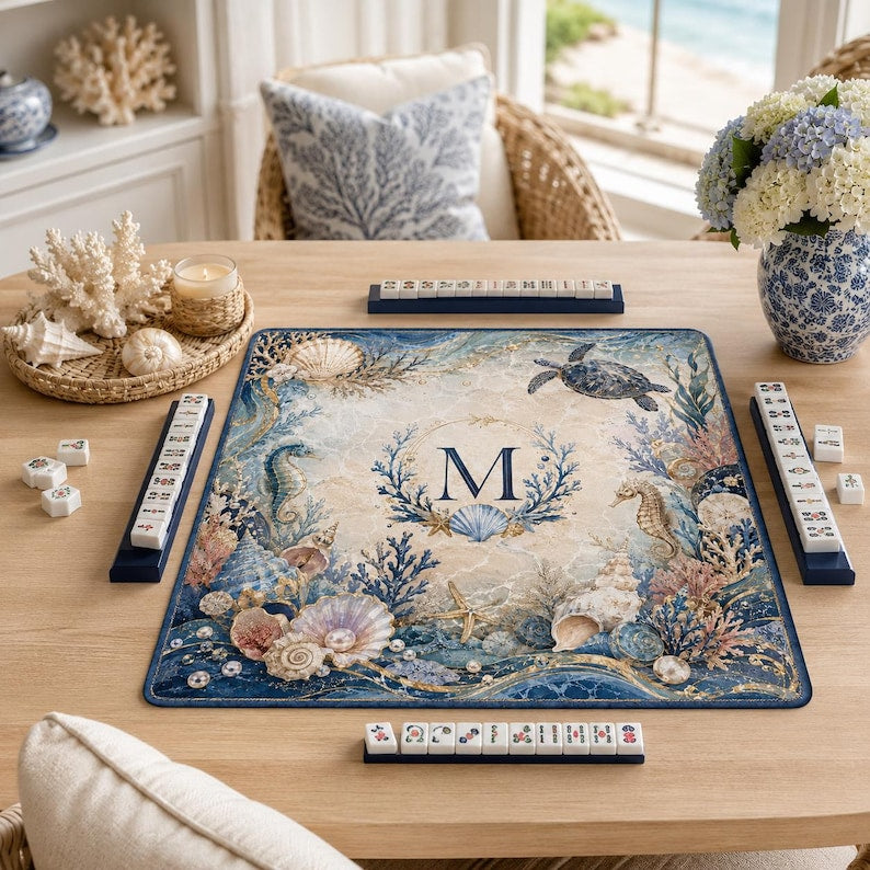 Personalized Ocean Mahjong Mat, Coastal American Mahjong Table Mat, Custom Initial Beach Game Mat, Mahjong Lover Gift