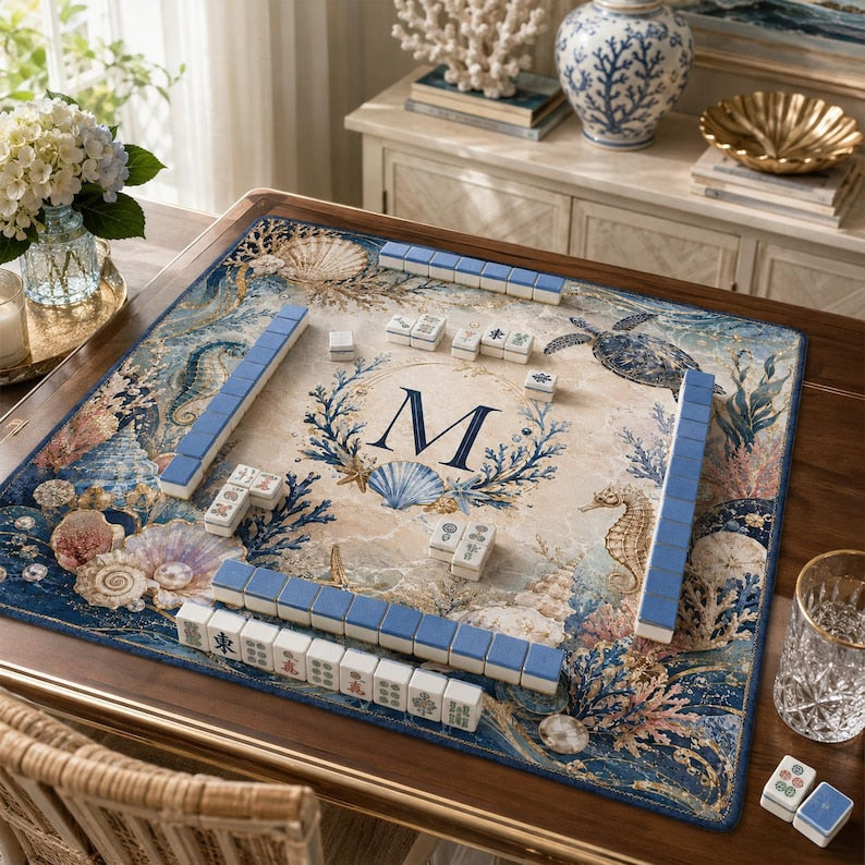 Personalized Ocean Mahjong Mat, Coastal American Mahjong Table Mat, Custom Initial Beach Game Mat, Mahjong Lover Gift