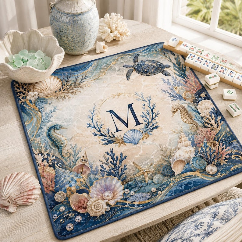 Personalized Ocean Mahjong Mat, Coastal American Mahjong Table Mat, Custom Initial Beach Game Mat, Mahjong Lover Gift