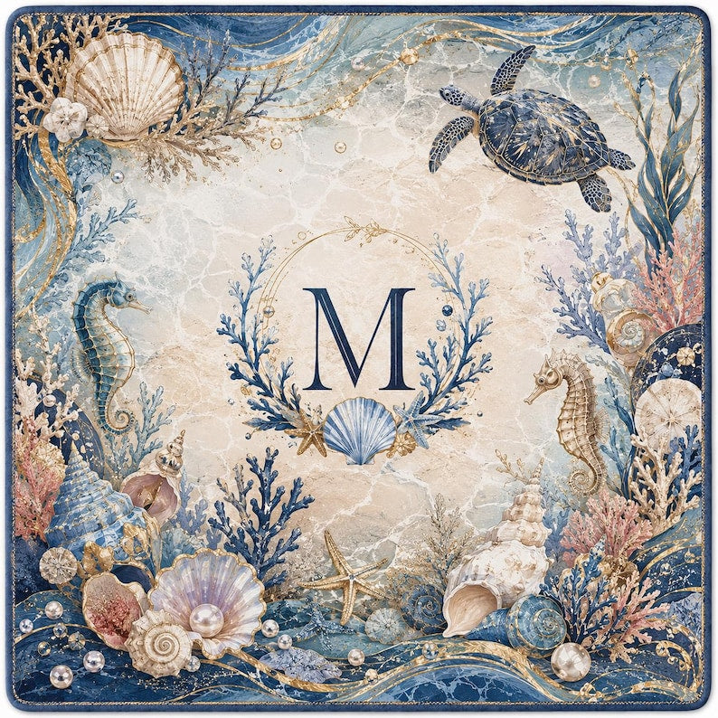 Personalized Ocean Mahjong Mat, Coastal American Mahjong Table Mat, Custom Initial Beach Game Mat, Mahjong Lover Gift