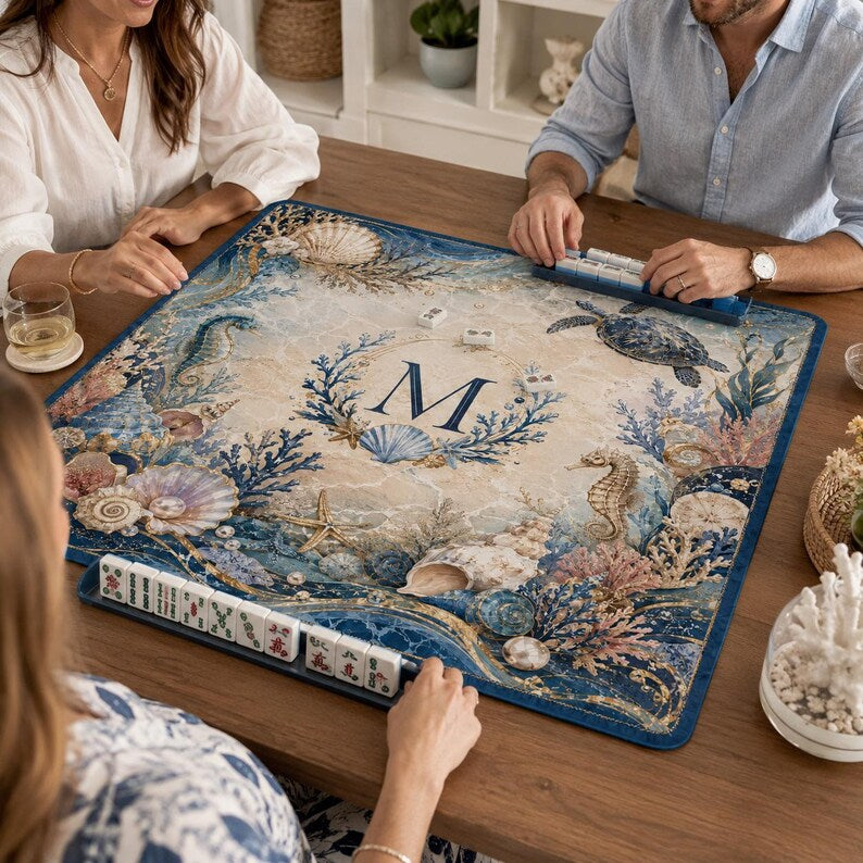 Personalized Ocean Mahjong Mat, Coastal American Mahjong Table Mat, Custom Initial Beach Game Mat, Mahjong Lover Gift