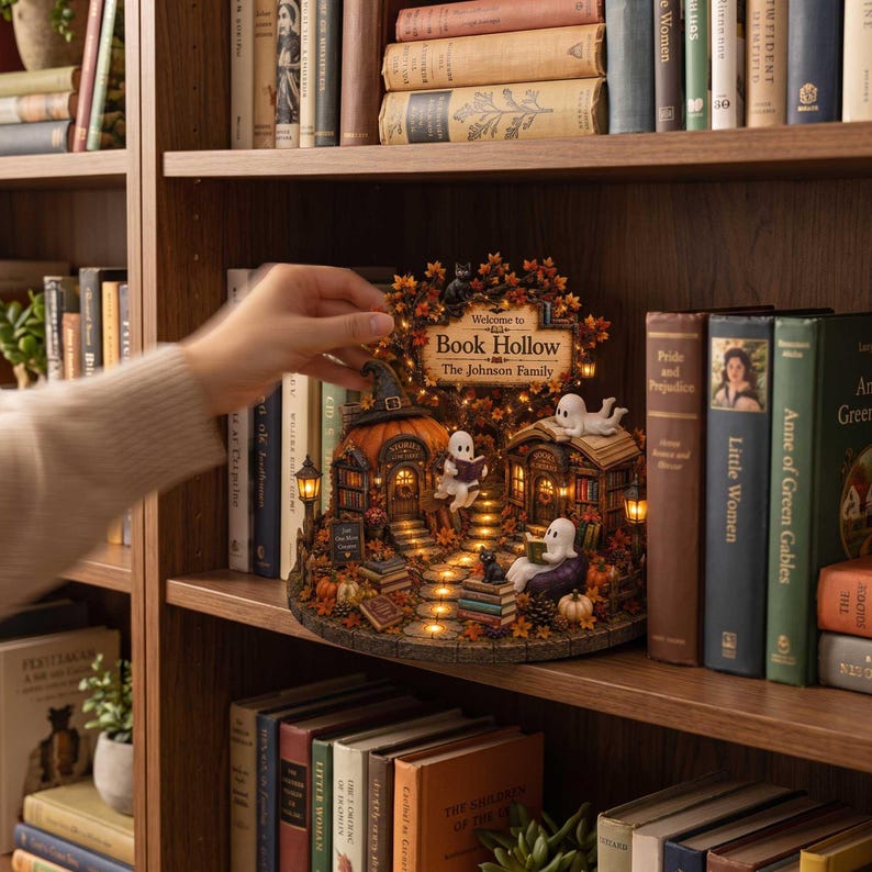 Custom Ghost Reading Bookshop Fall Decor, Cozy Autumn Miniature Bookstore 2D Block